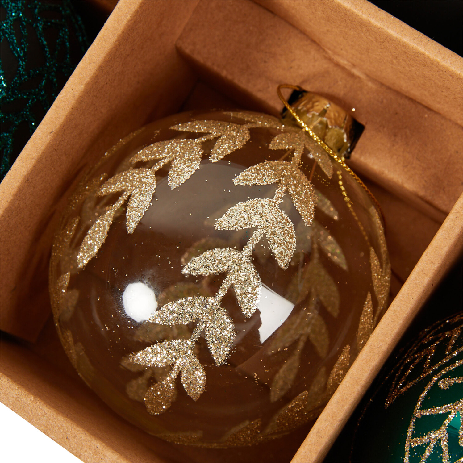 Set of 12 Glass Baubles Emerald and Gold - Emerald and Gold Image 3