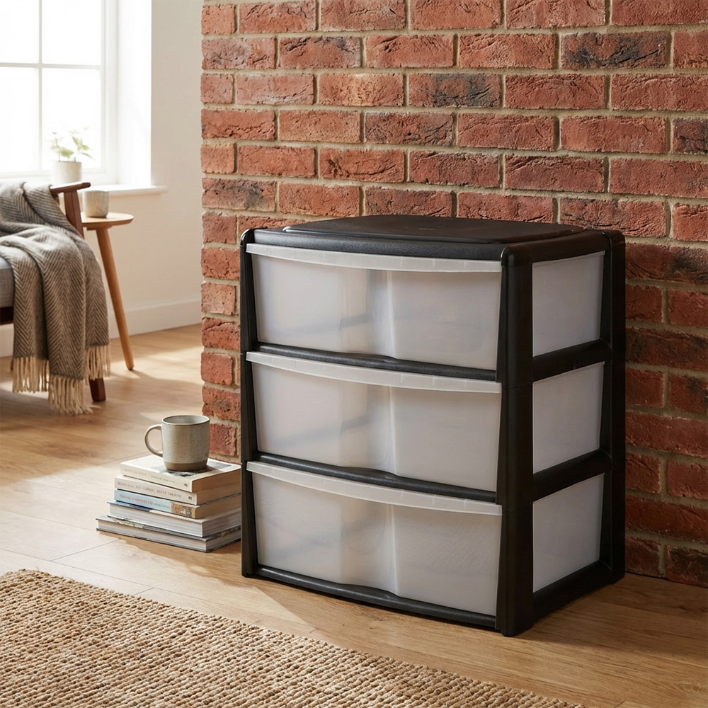 Black 3 Drawer Wide Storage Unit Image 4