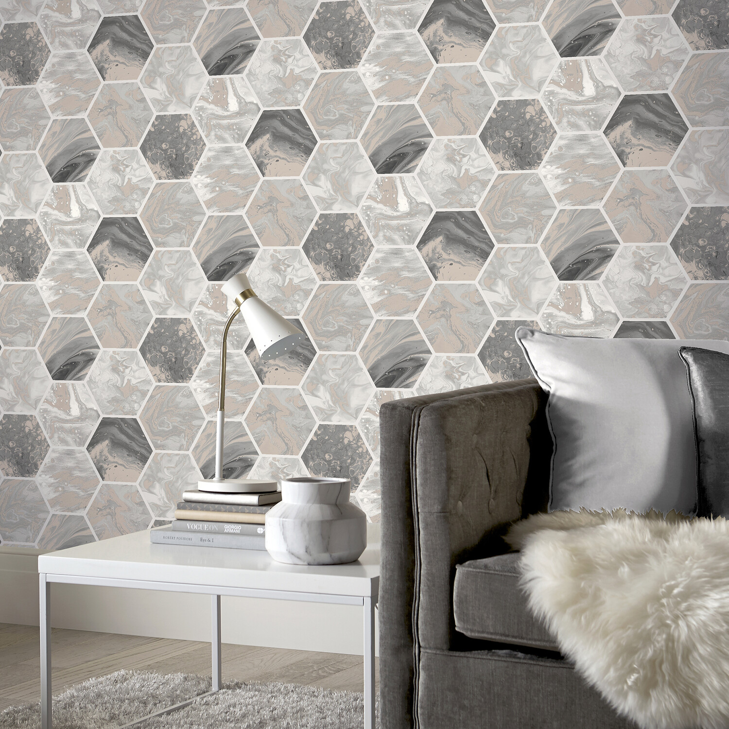 Marbled Hexagon Wallpaper - Charcoal and Rose Gold Image 3