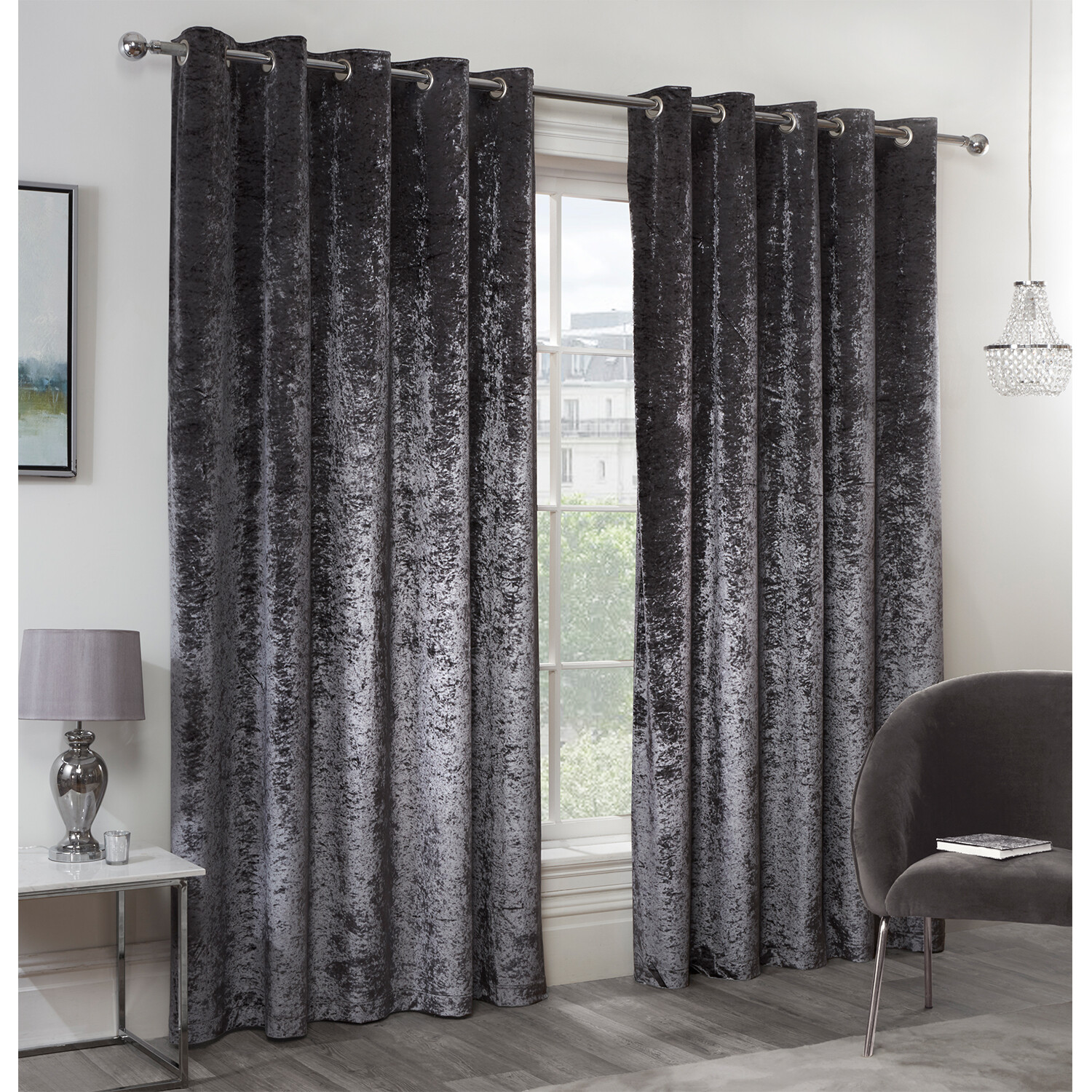 Divante Charcoal Crushed Velvet Eyelet Curtains 137 x 168cm Image 2