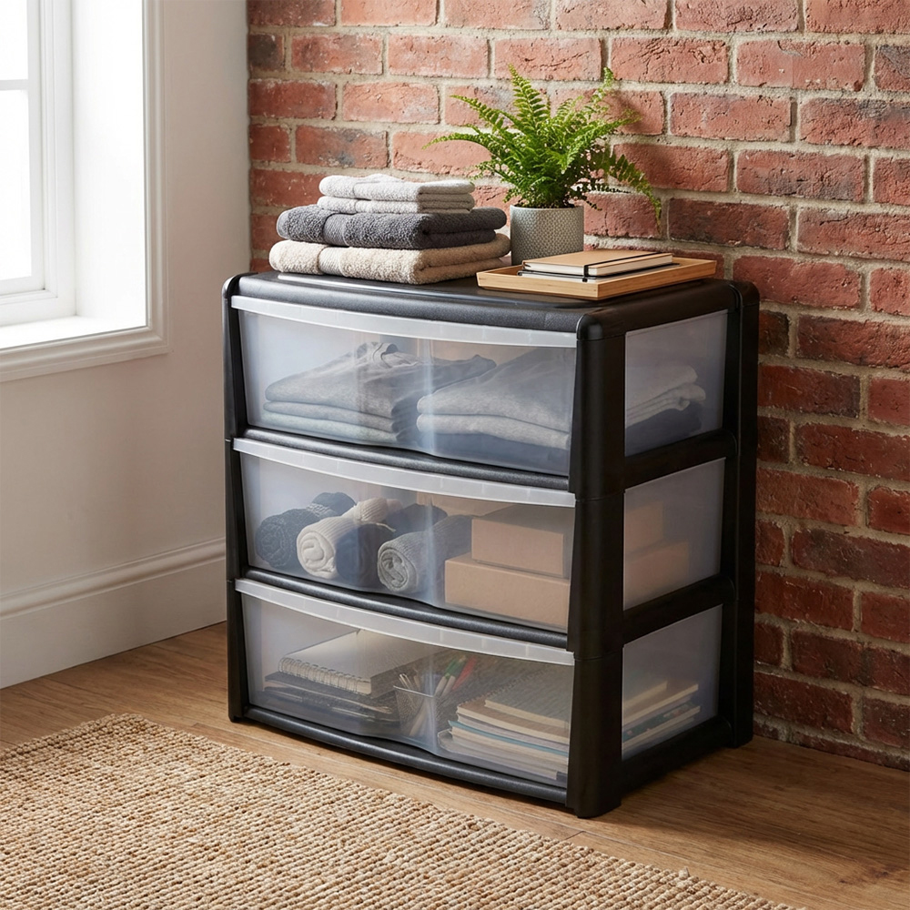 Black 3 Drawer Wide Storage Unit Image 6