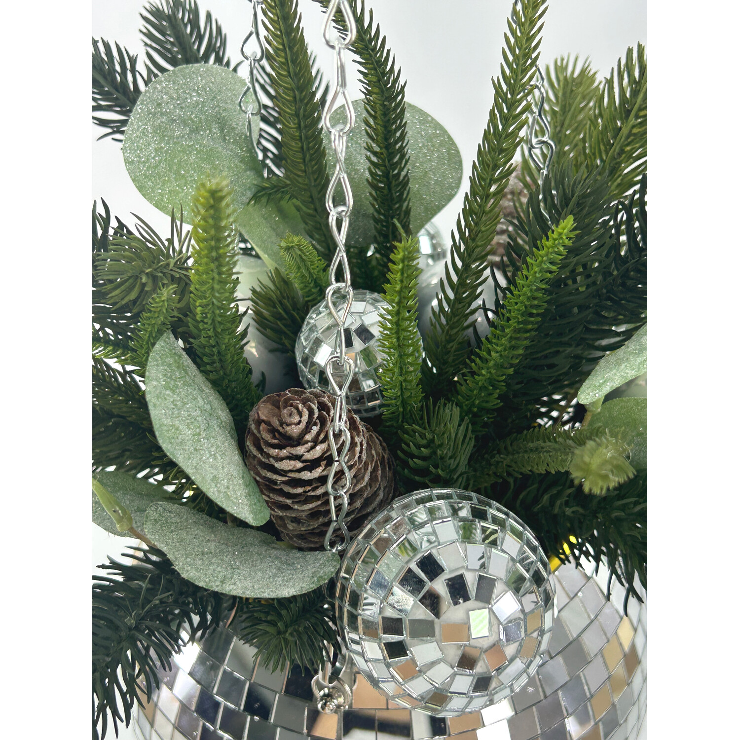 Disco Ball Hanging Floristry Basket Green and Silver Image 4