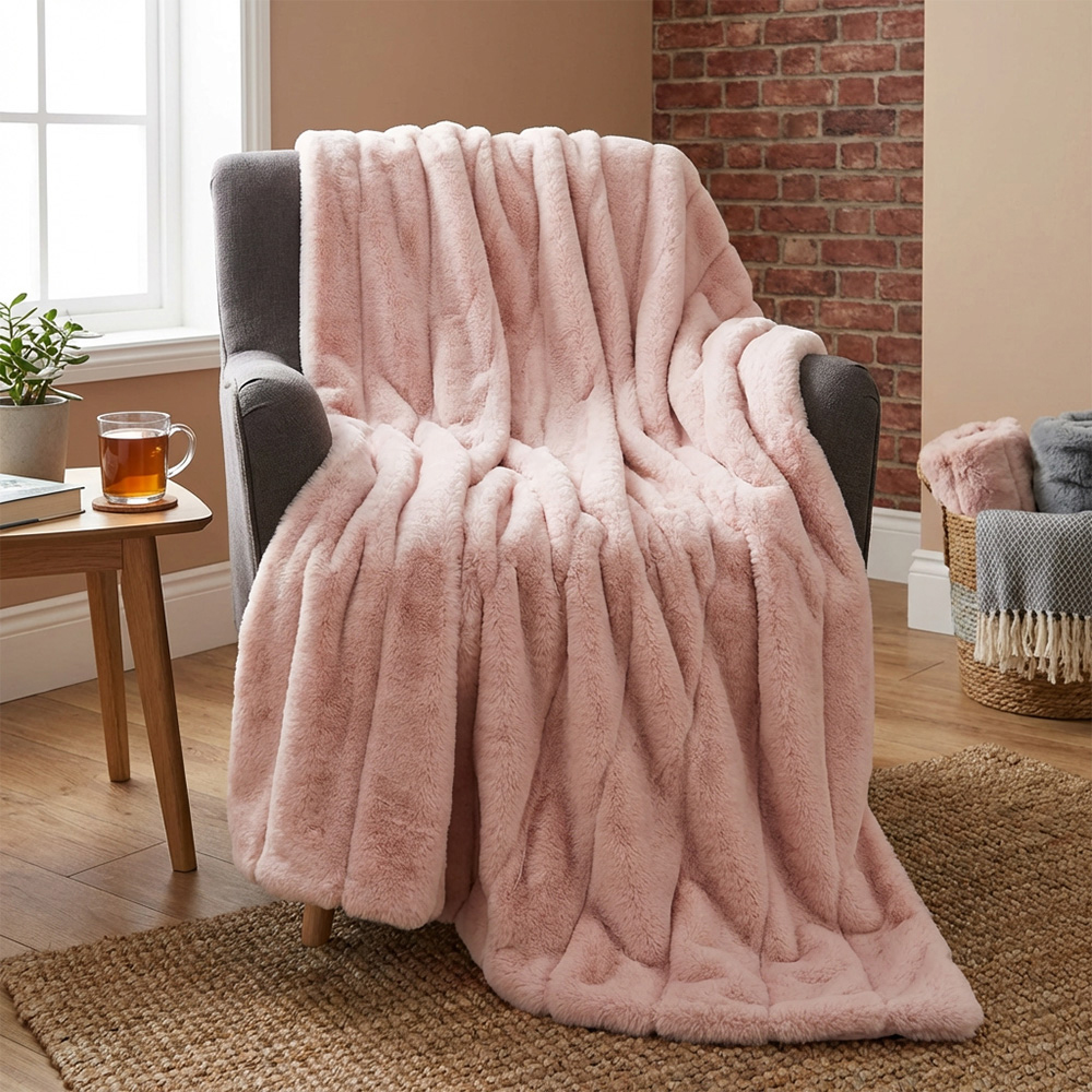 Divante Blush Rabbit Faux Fur Extra Large Throw 150 x 200cm | Homebase