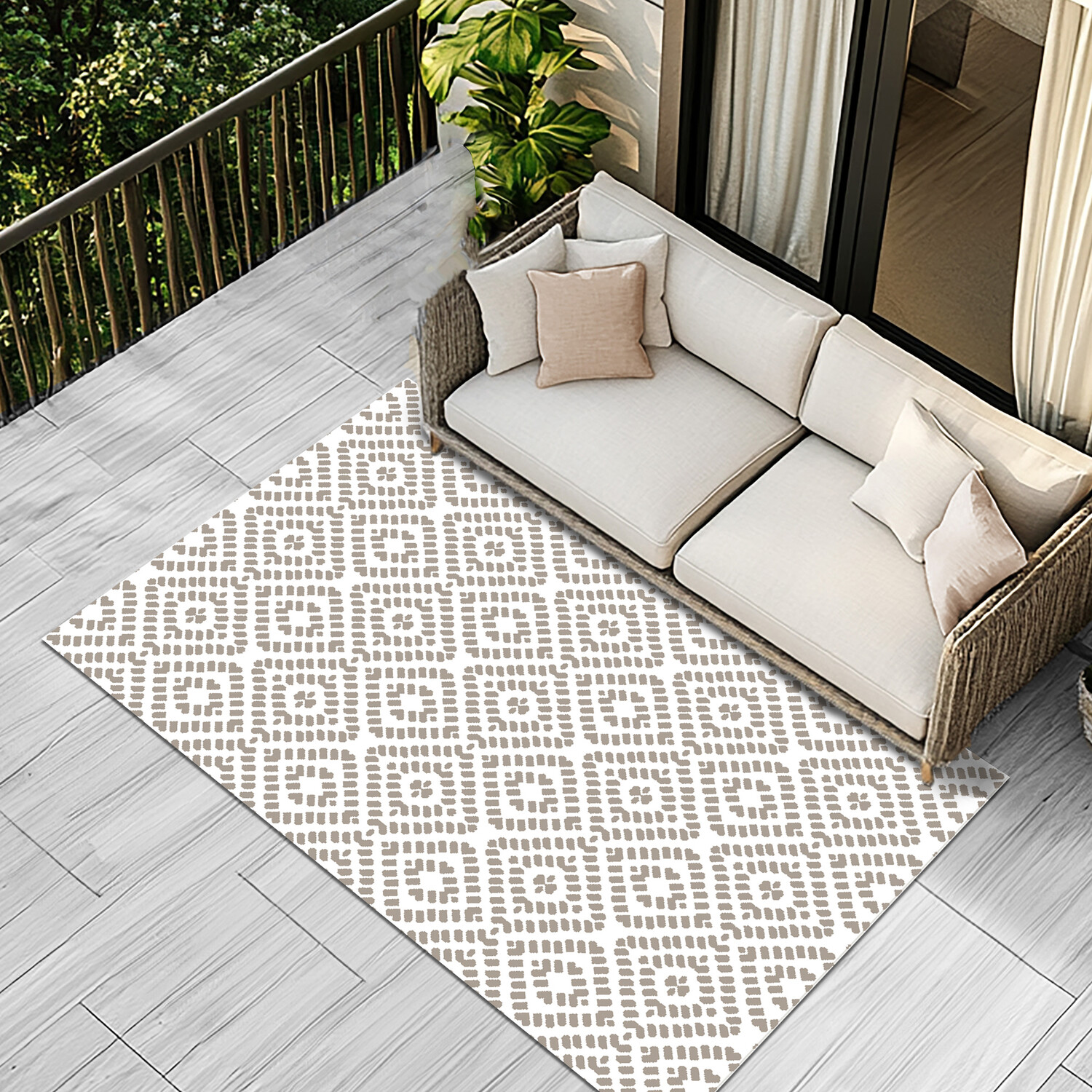 Manhattan Geo Reversible Outdoor Rug - White and Brown Image 2
