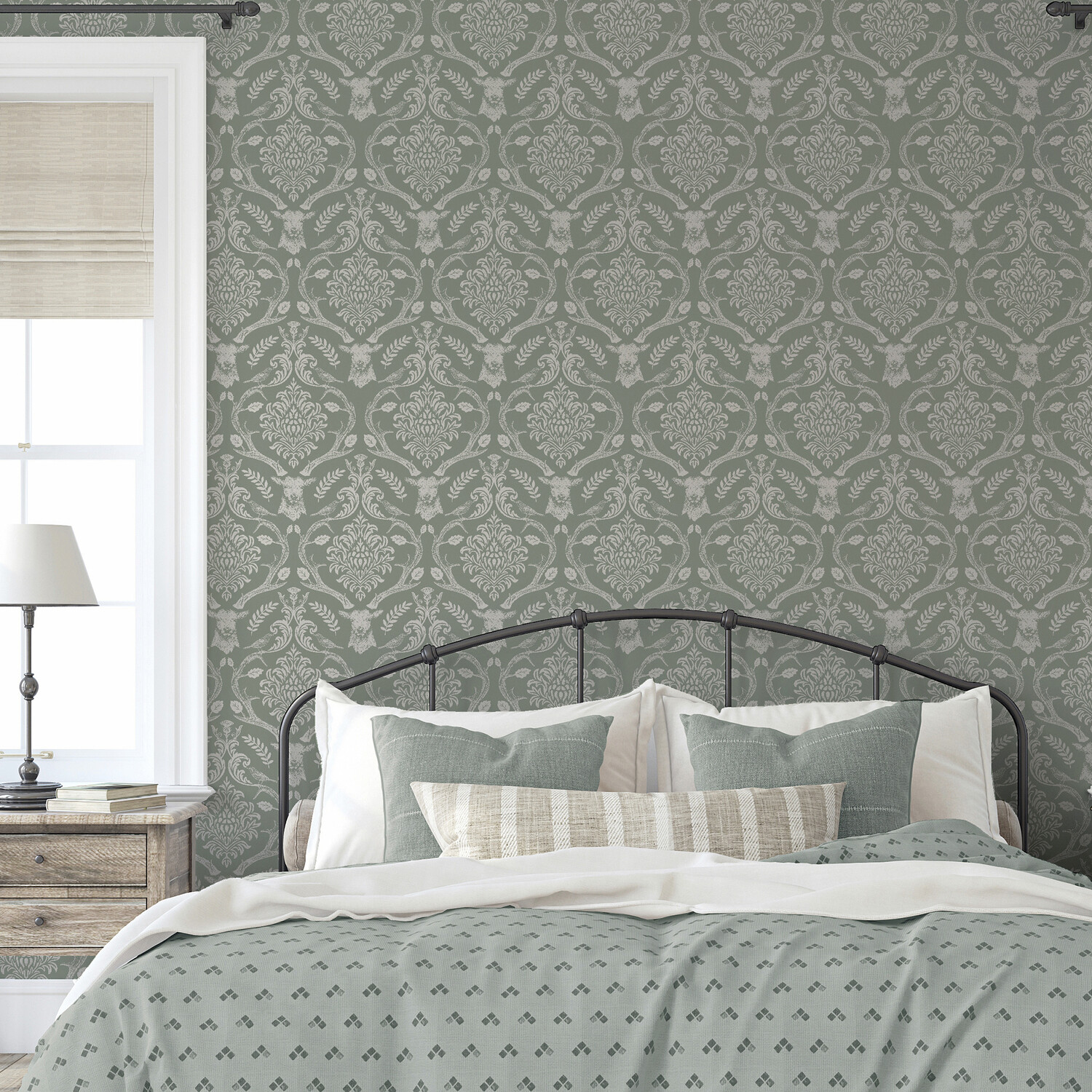 Stag Damask Sage Green Wallpaper - Sage Green Image 5