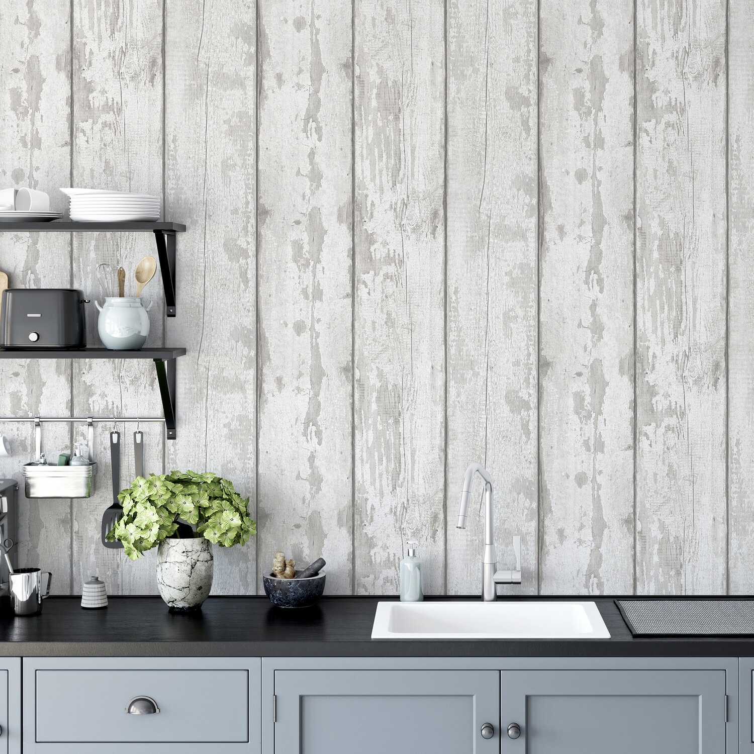 Metallic Washed Wood Spongeable Wallpaper - Grey Silver Image 3