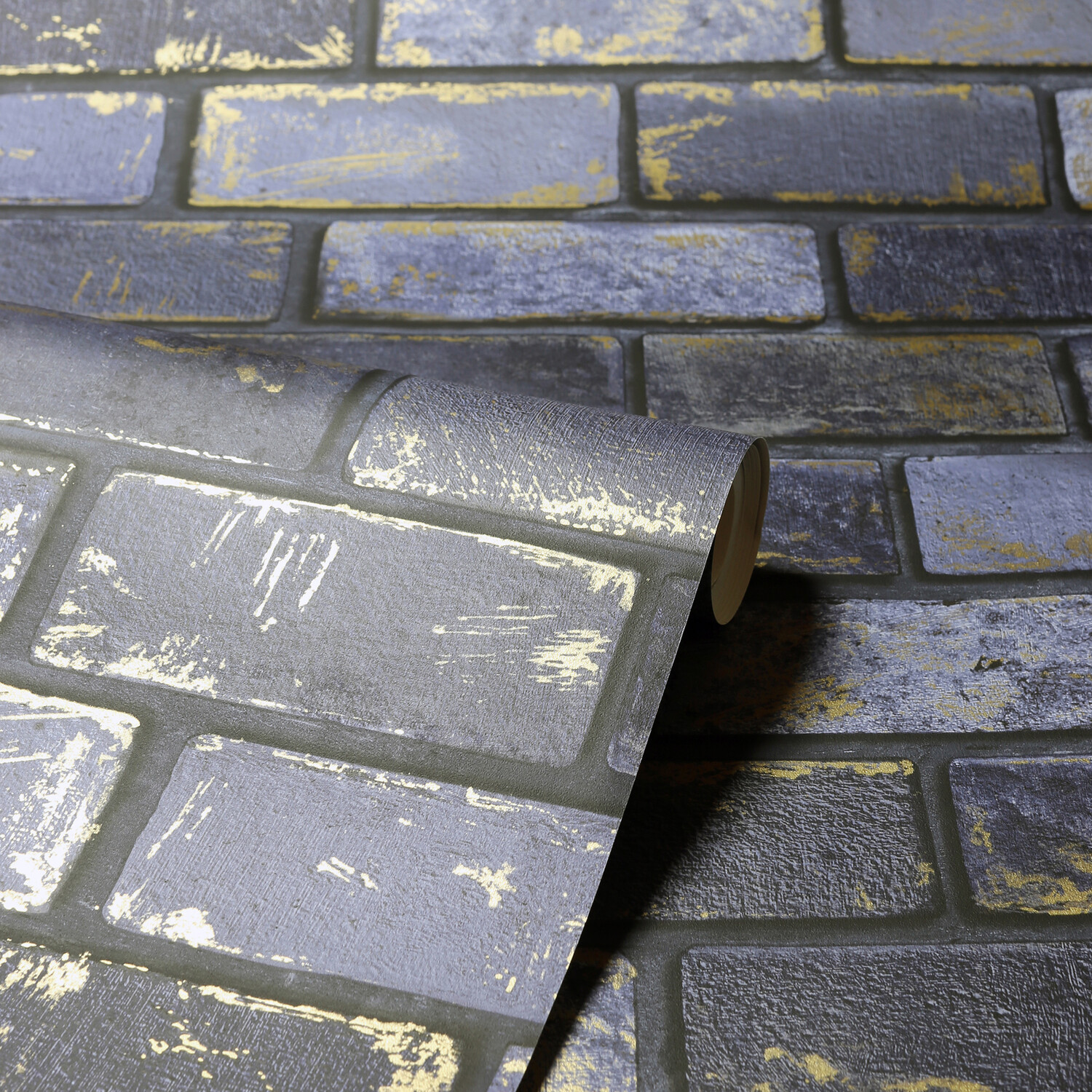 Metallic Brick Wallpaper - Navy Gold Image 2