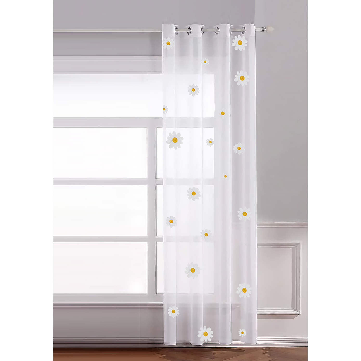 Daisy Embroidered Voile Curtain - White and Yellow Image 5