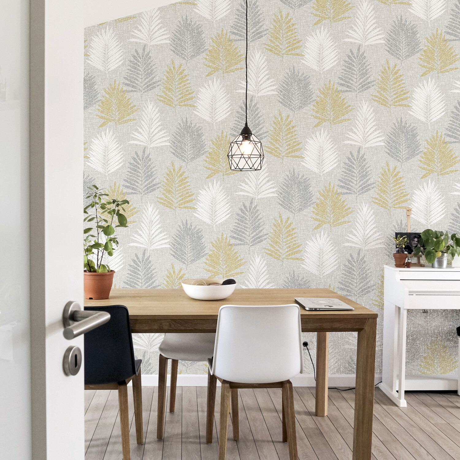 Linen Palm Wallpaper - Ochre and Grey Image 5