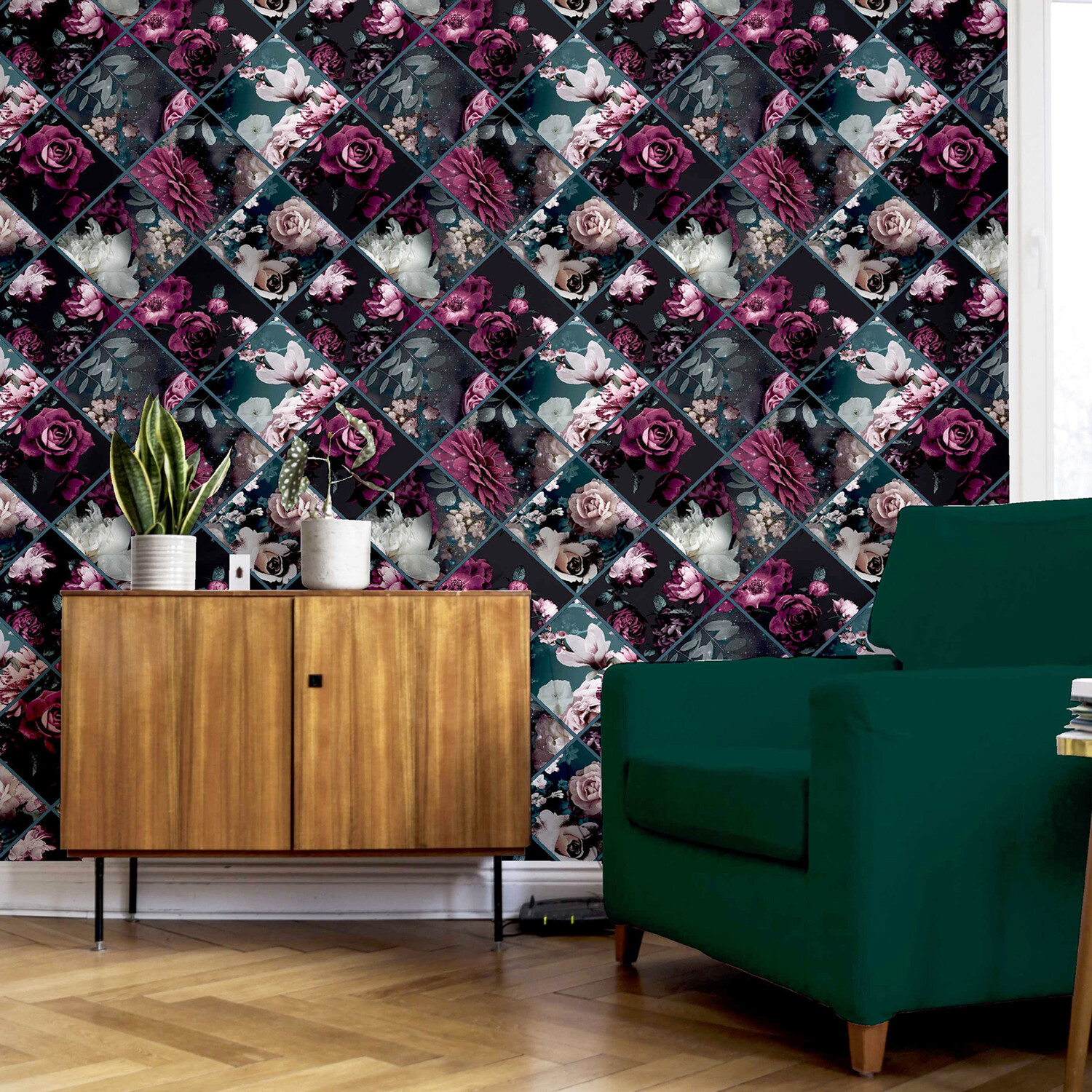 Floral Collage Textured Wallpaper - Plumteal Image 3
