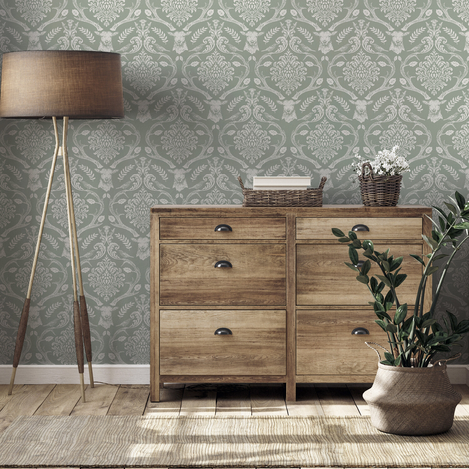 Stag Damask Sage Green Wallpaper - Sage Green Image 2