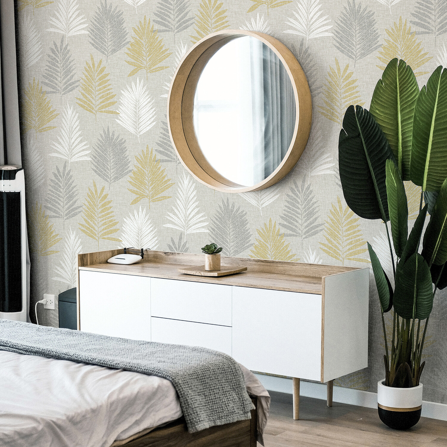 Linen Palm Wallpaper - Ochre and Grey Image 2