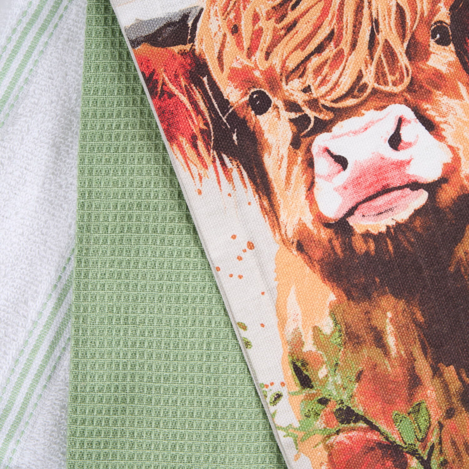 Pack of 3 The Highland Cow Tea Towels	 White and Sage Image 4