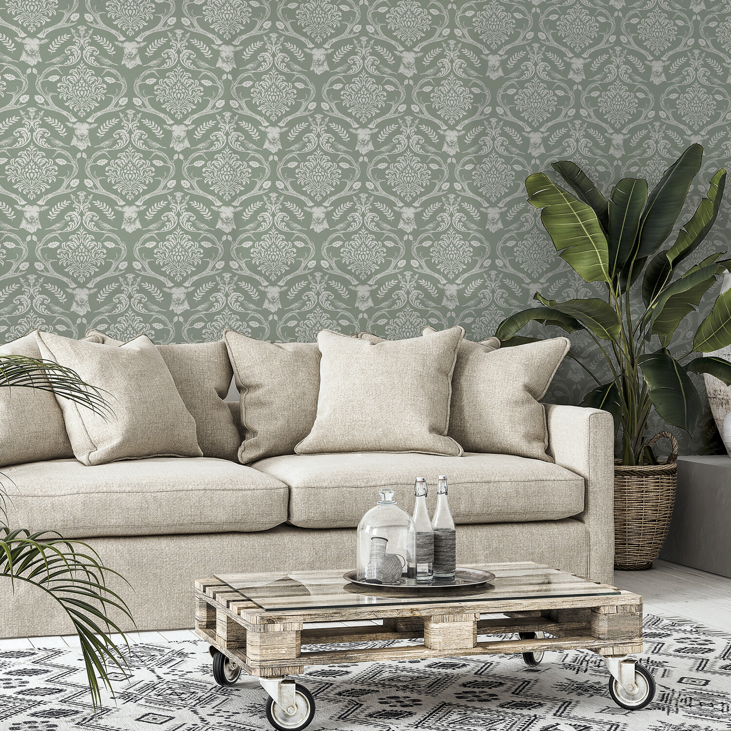 Stag Damask Sage Green Wallpaper - Sage Green Image 4