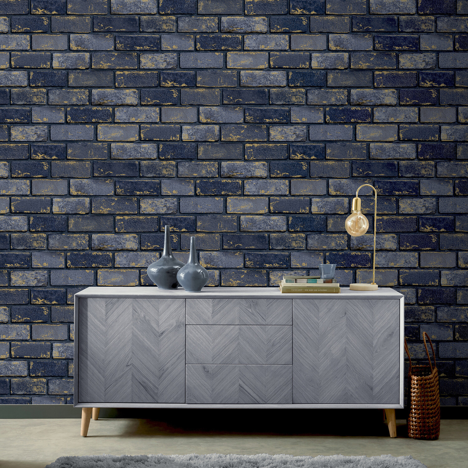 Metallic Brick Wallpaper - Navy Gold Image 5