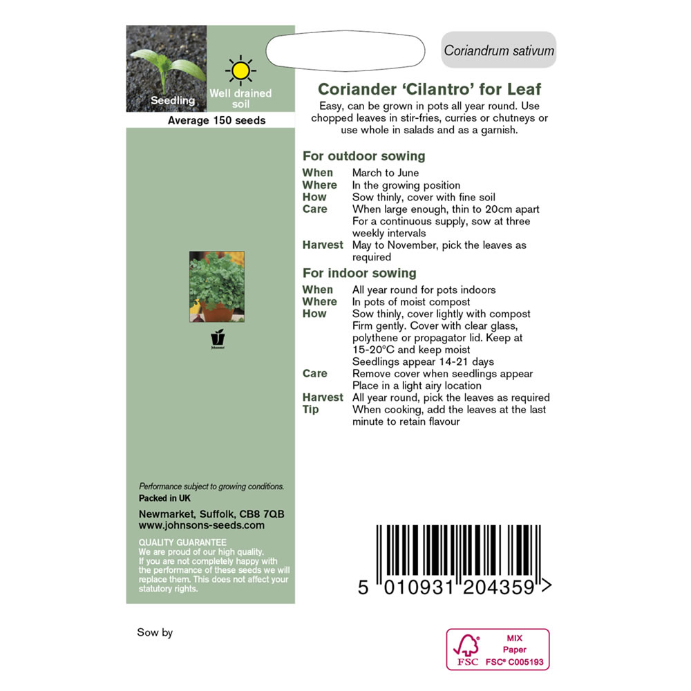 Johnsons Coriander For Leaf Herb Seeds Image 3