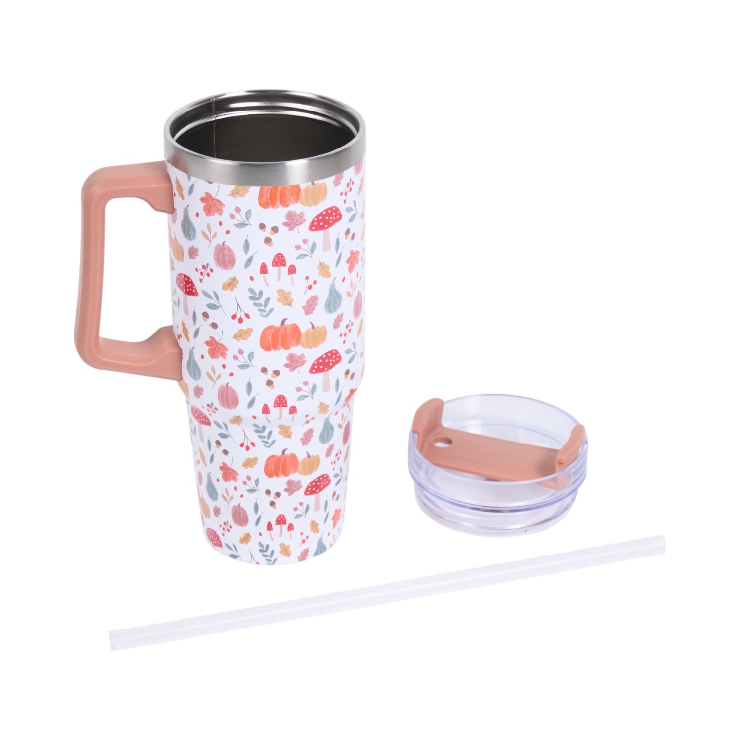 3D Autumn Print Stainless Steel Tumbler 850ml White and Orange Image 3