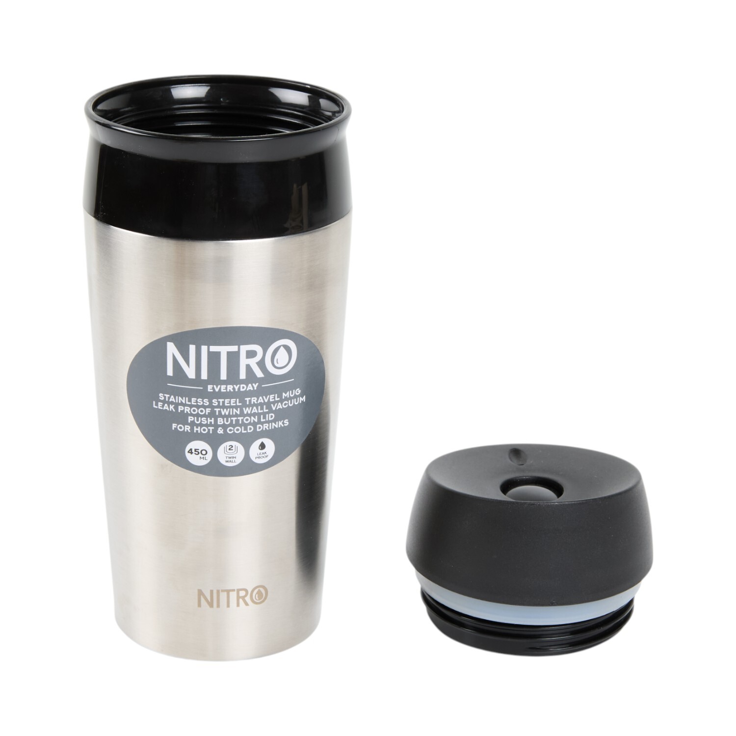 Nitro Stainless Steel Leakproof Push Button Travel Mug Silver Image 4