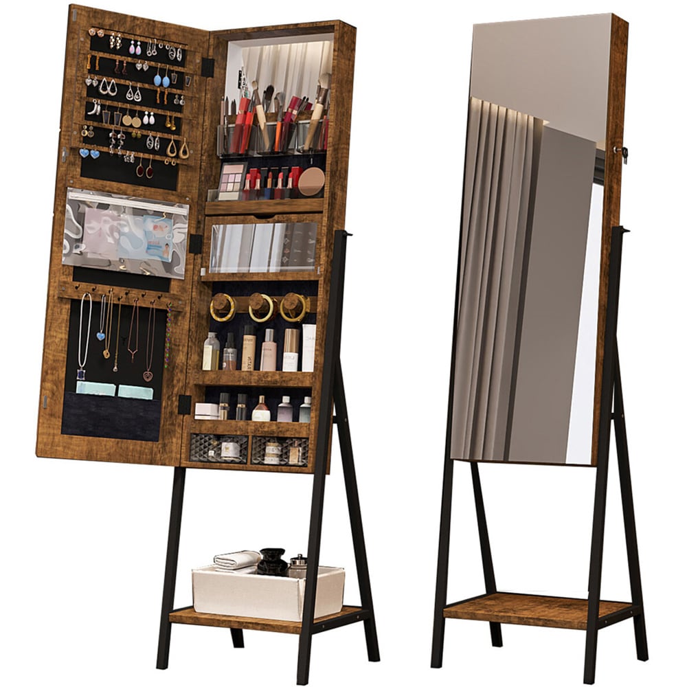 Brown Dark Wood Effect Cabinet Mirror with Bottom Shelf Image 3