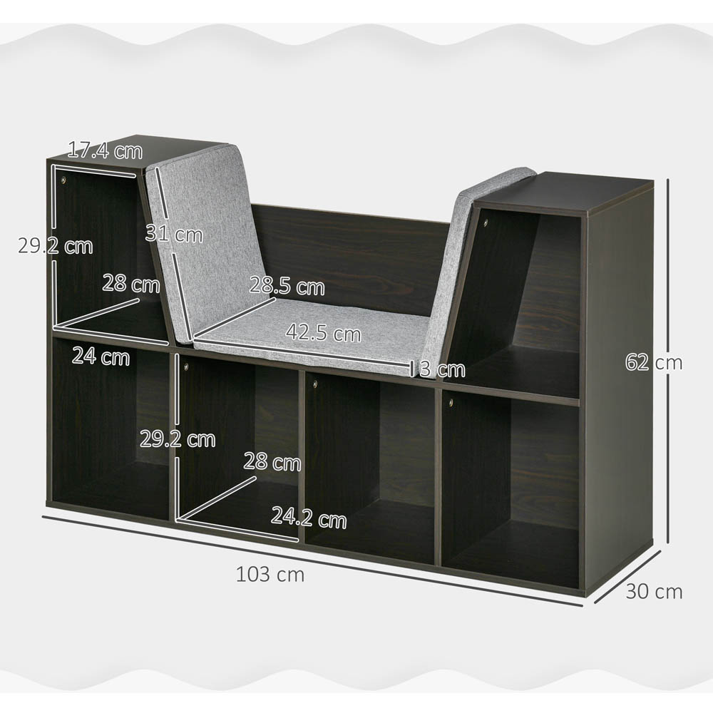 HOMCOM Brown and Grey 6 Shelf Kids Bookcase with Seat Image 9