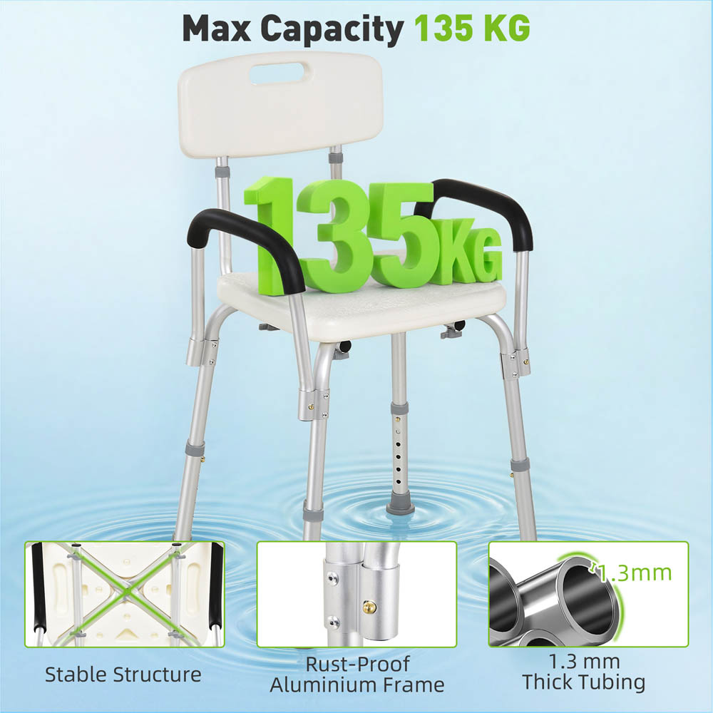 HOMCOM Light Weight Aluminum Shower Bench Portable Lift Chair w/ Back & Armrest Image 8