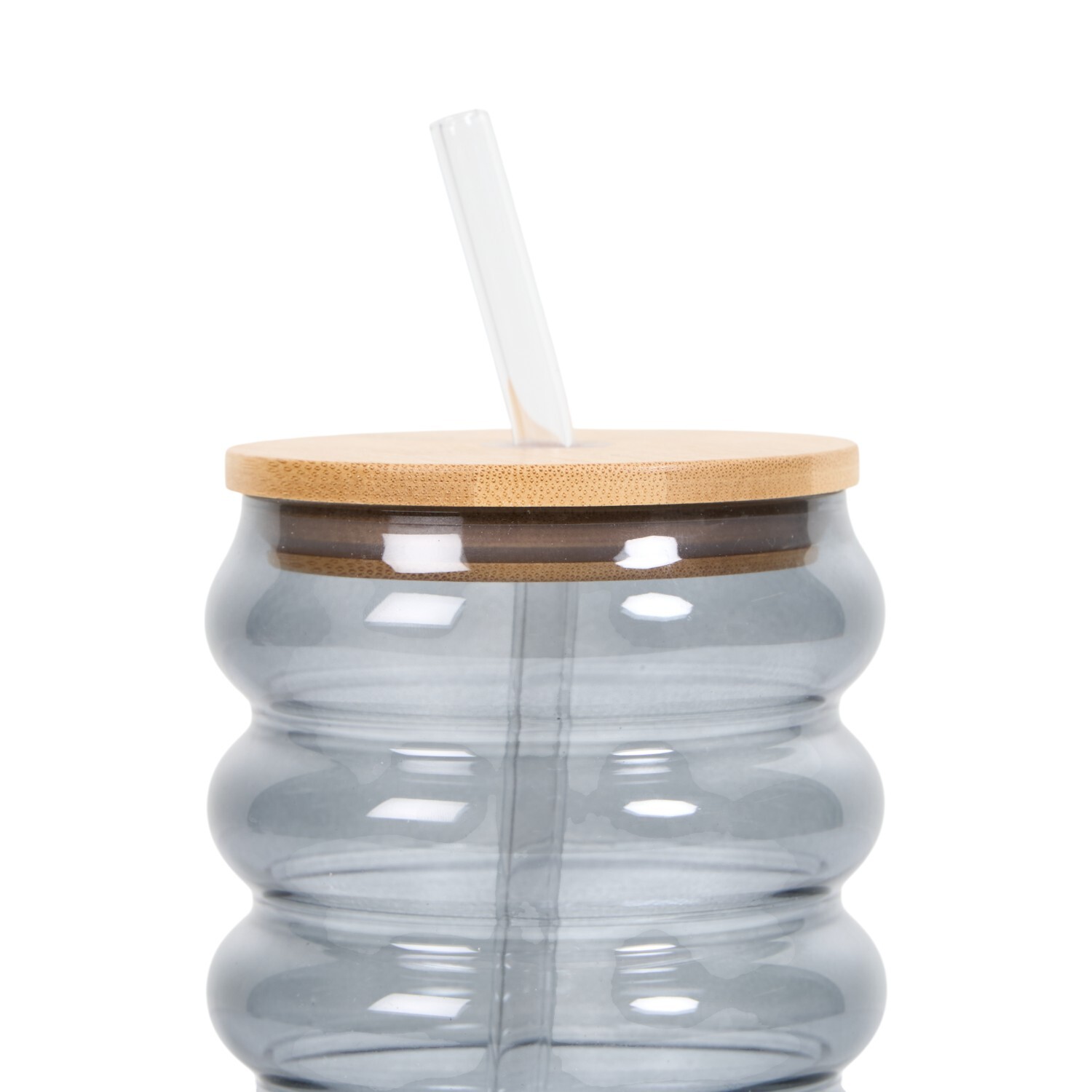 Smoked Glass Tumbler with Bamboo Lid and Straw Grey Image 3