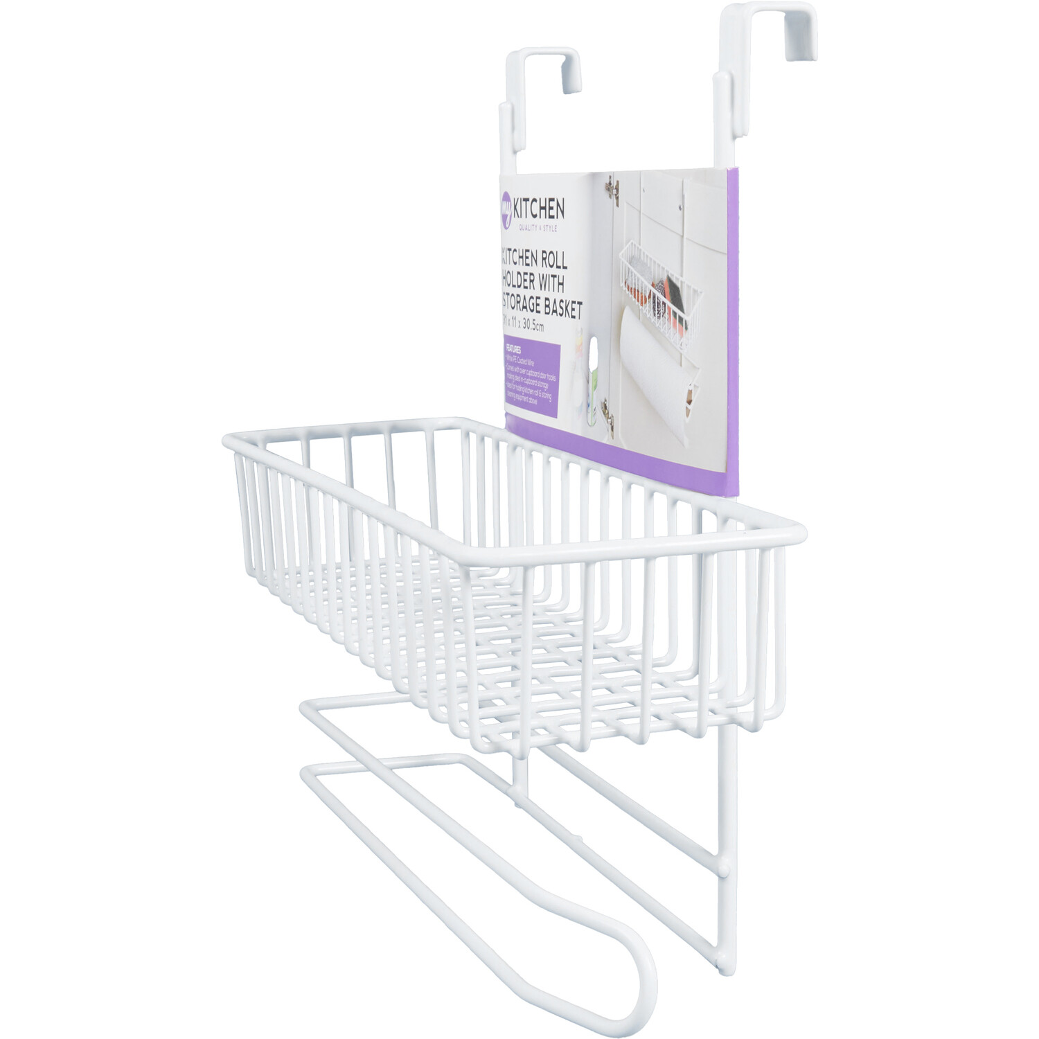 White Metal Kitchen Roll Holder and Basket - White Image 2