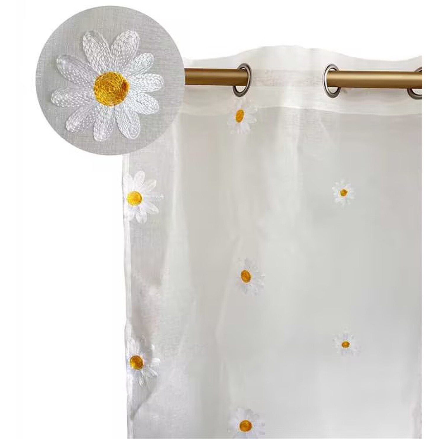 Daisy Embroidered Voile Curtain - White and Yellow Image 3