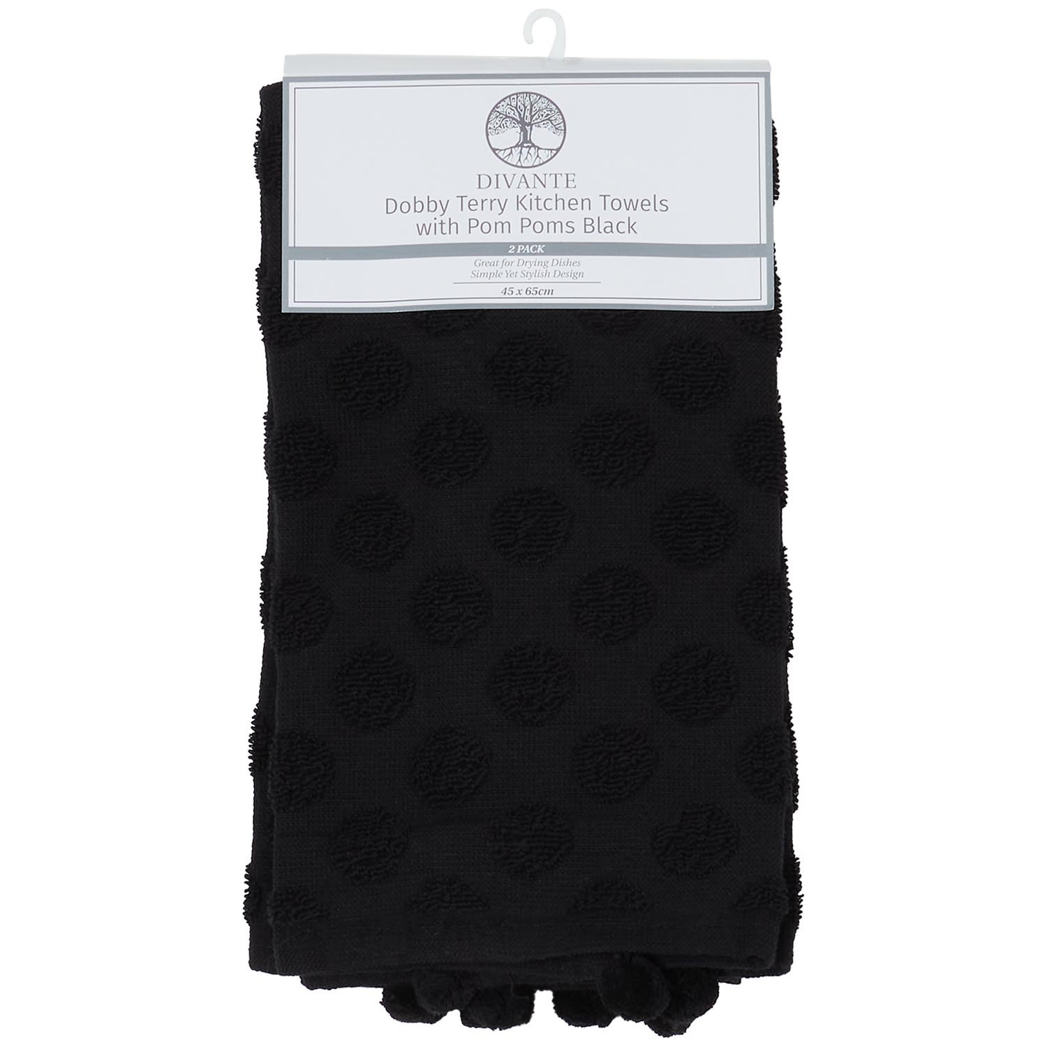 Divante Pack of 2 Dobby Terry Kitchen Towels with Pom Poms - Black Image 3