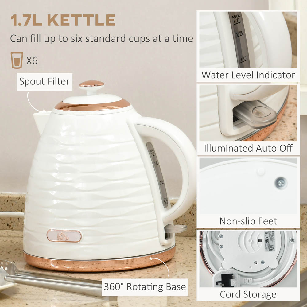 HOMCOM Kettle and Toaster Set 1.7L Rapid Boil Kettle & 4 Slice Toaster White Image 3