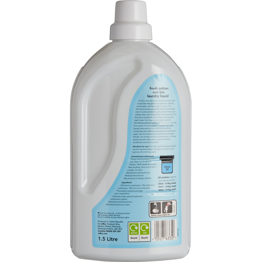 Wilko Non Bio Fresh Cotton Laundry Liquid 60 Washes 1.5L Image 2