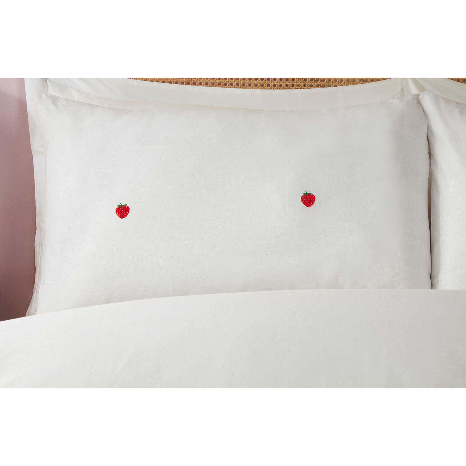 Strawberry Embroidered Duvet Cover and Pillowcase Set - White / Double Image 4