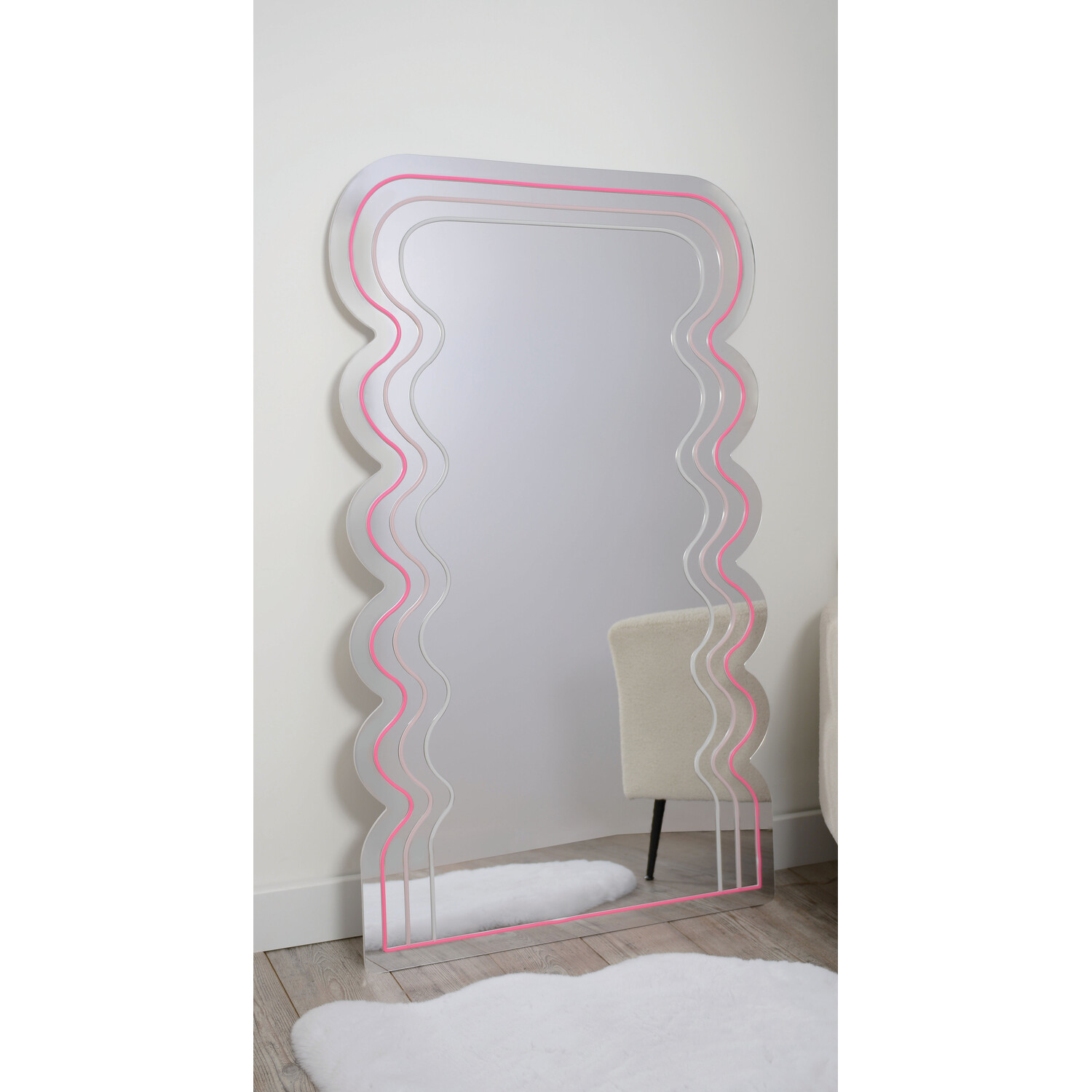 Pink and White Neon Wave LED Mirror Image 3
