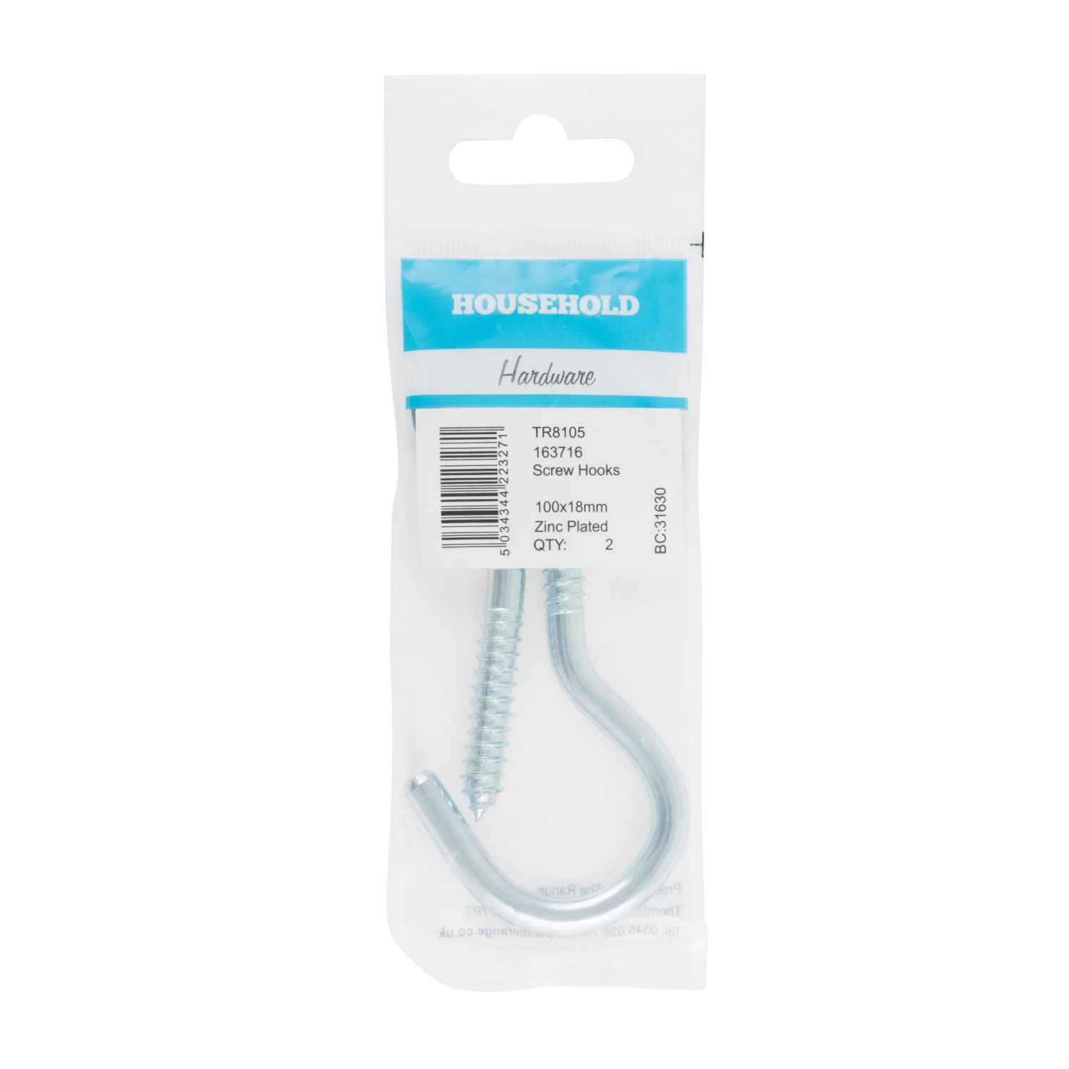 Hiatt 100mm Zinc Steel Screw Hooks 2 Pack Image 2