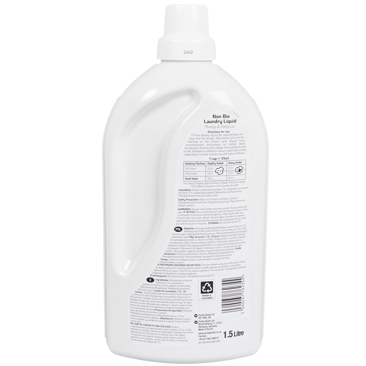 Non-Bio Laundry Liquid Mango and Hibiscus 1.5L - White Image 3