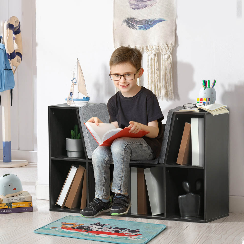 HOMCOM Brown and Grey 6 Shelf Kids Bookcase with Seat Image 2