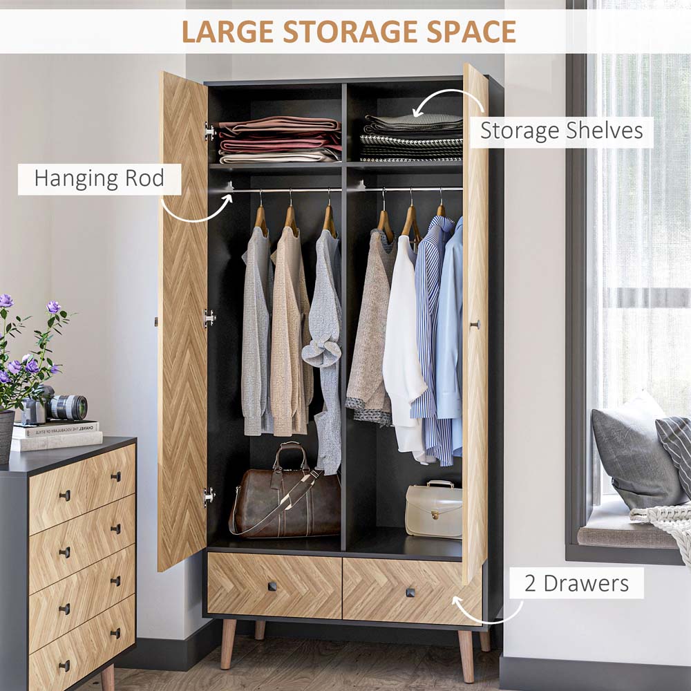 Portland 2 Door 2 Drawer Natural Wood and Black Wardrobe Image 4