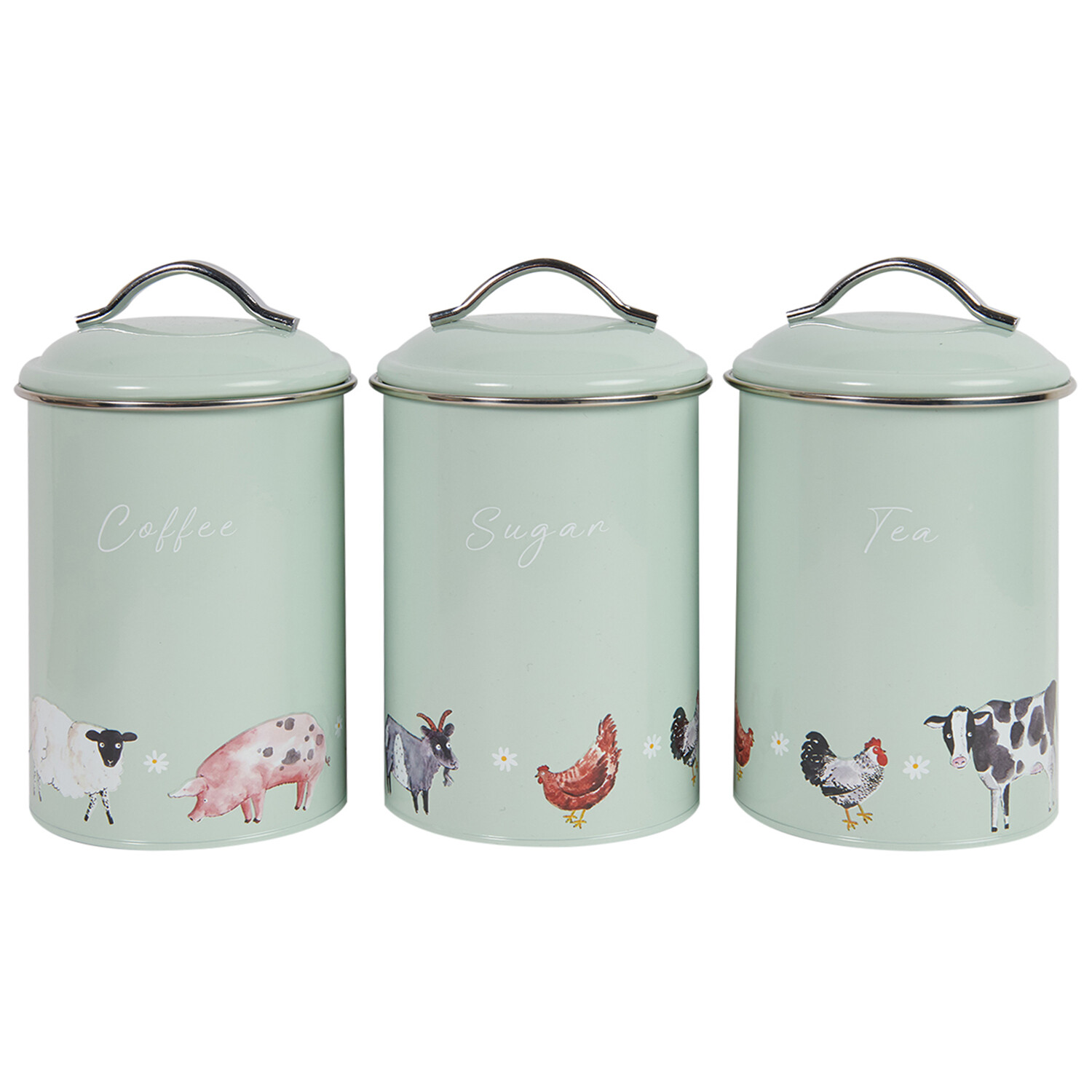 Set of 3 Daisy Farm Round Tea Coffee and Sugar Canisters - Sage Green Image 2