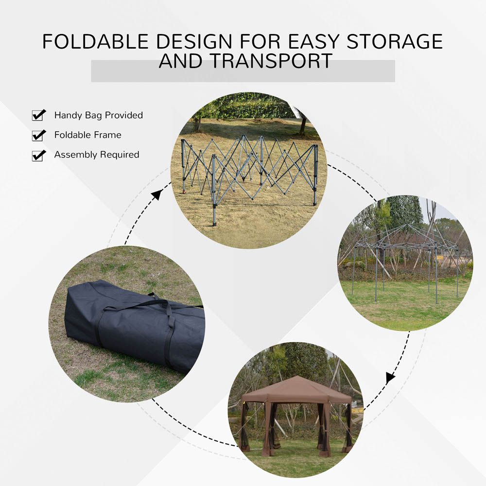 Outsunny 3.2m Pop Up Gazebo Hexagonal Canopy Tent Outdoor w/Sidewalls Brown Image 3