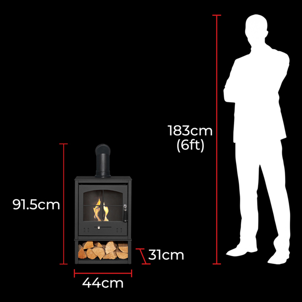OKO S2 Charcoal Grey Bio Ethanol Stove with Log Storage and Angled Pipe Image 8