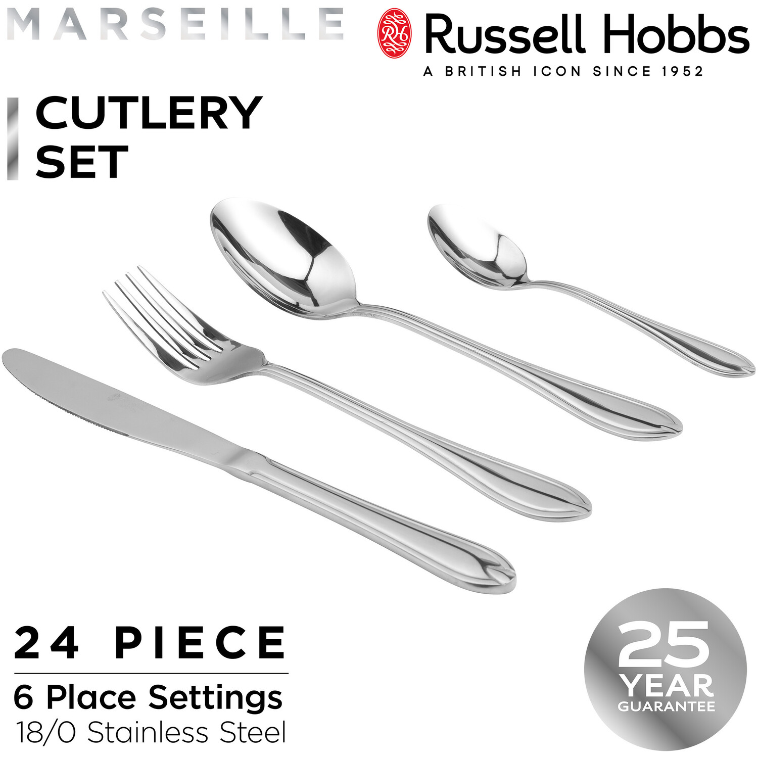 24-Piece Russell Hobbs Marseille Cutlery Set - Chrome Image 7