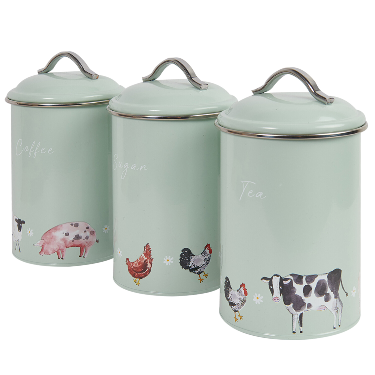 Set of 3 Daisy Farm Round Tea Coffee and Sugar Canisters - Sage Green Image 4