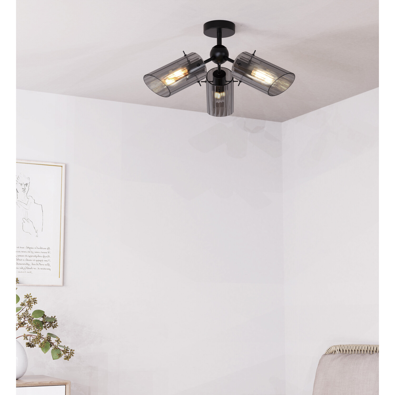 Bodhi 3 Arm Flush Ceiling Fitting Black Image 3