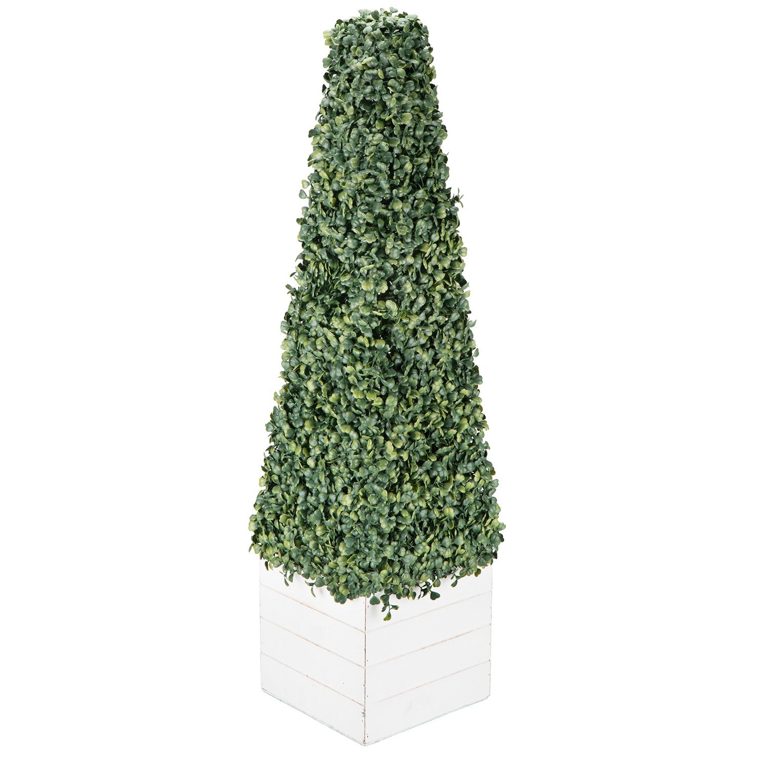 Boxwood Pyramid on White Wood Pot Artificial Plant Image 1