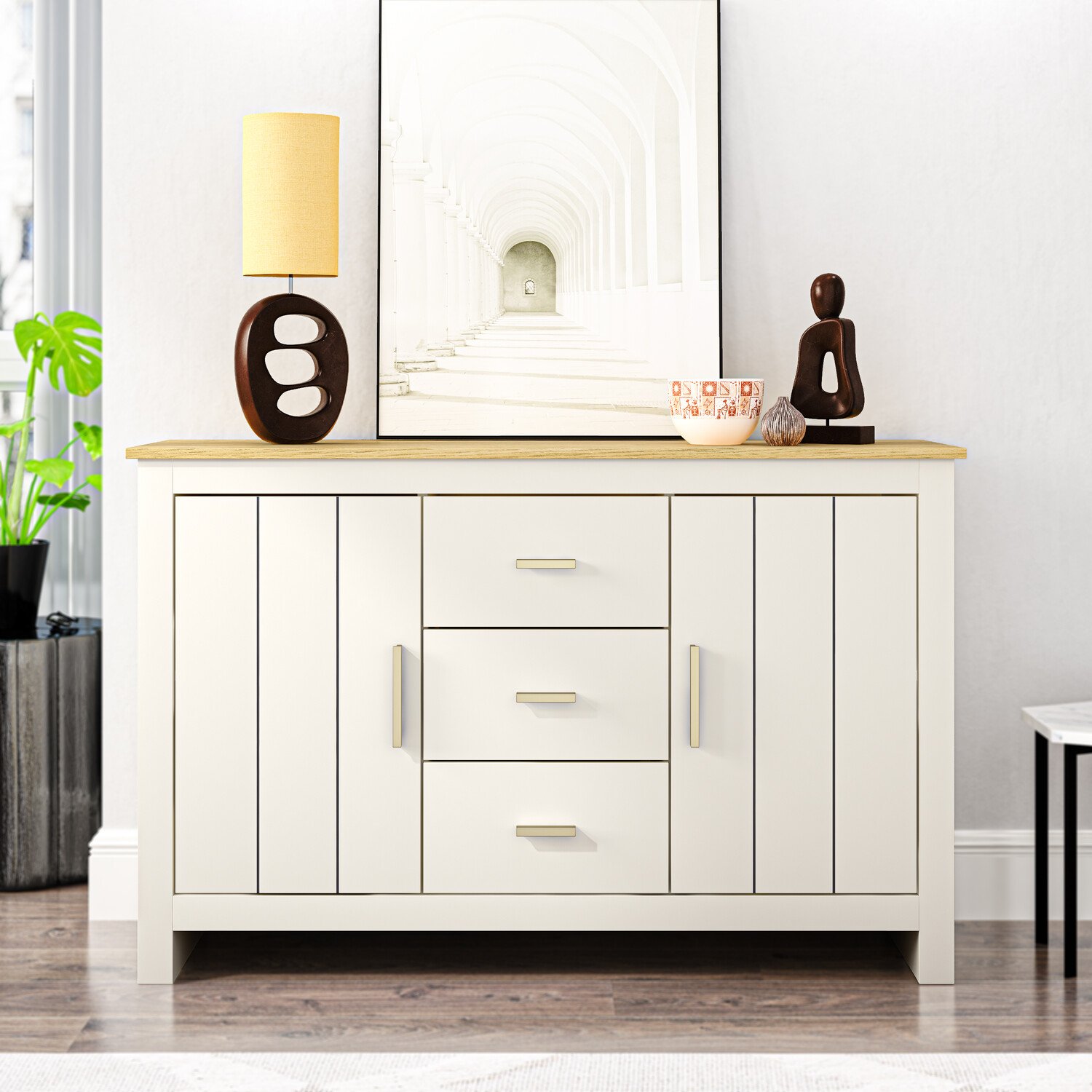 Lexington  2 Door 3 Drawer Cream and Gold Sideboard Image 2