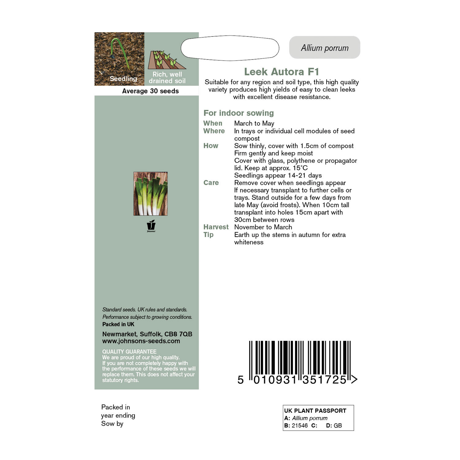 Johnsons Leek Autora F1 Vegetable Seeds Image 3