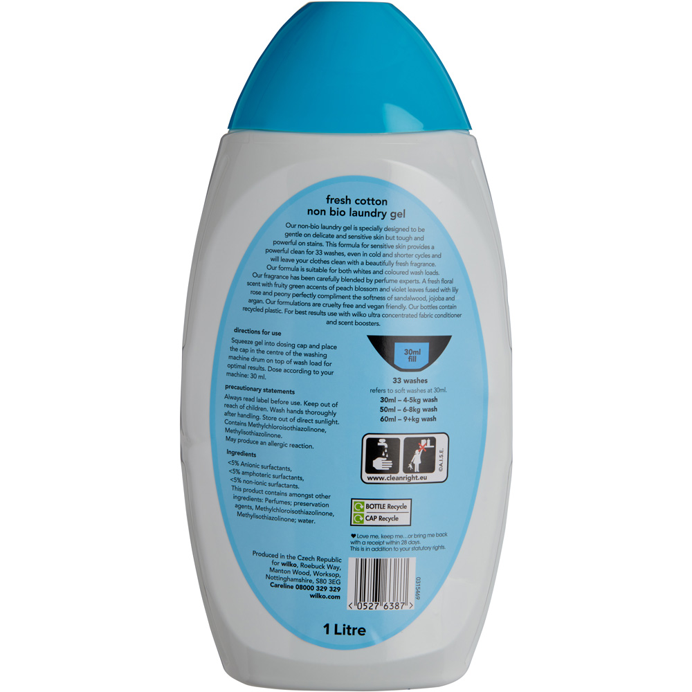 Wilko Non Bio Fresh Cotton Laundry Gel 33 Washes 1L Image 2