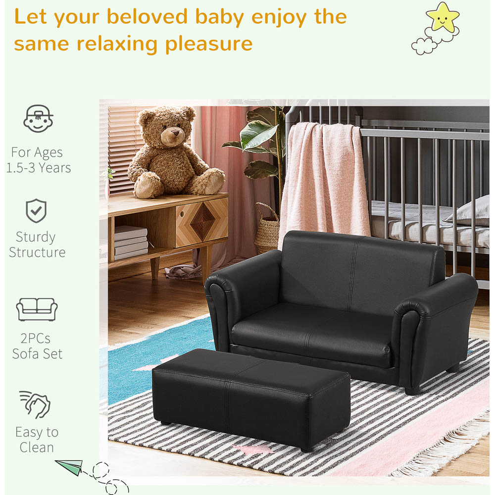 HOMCOM Kids Sofa Set 2 Seater Armchair with Footrest for 18-36 Months, Black Image 4