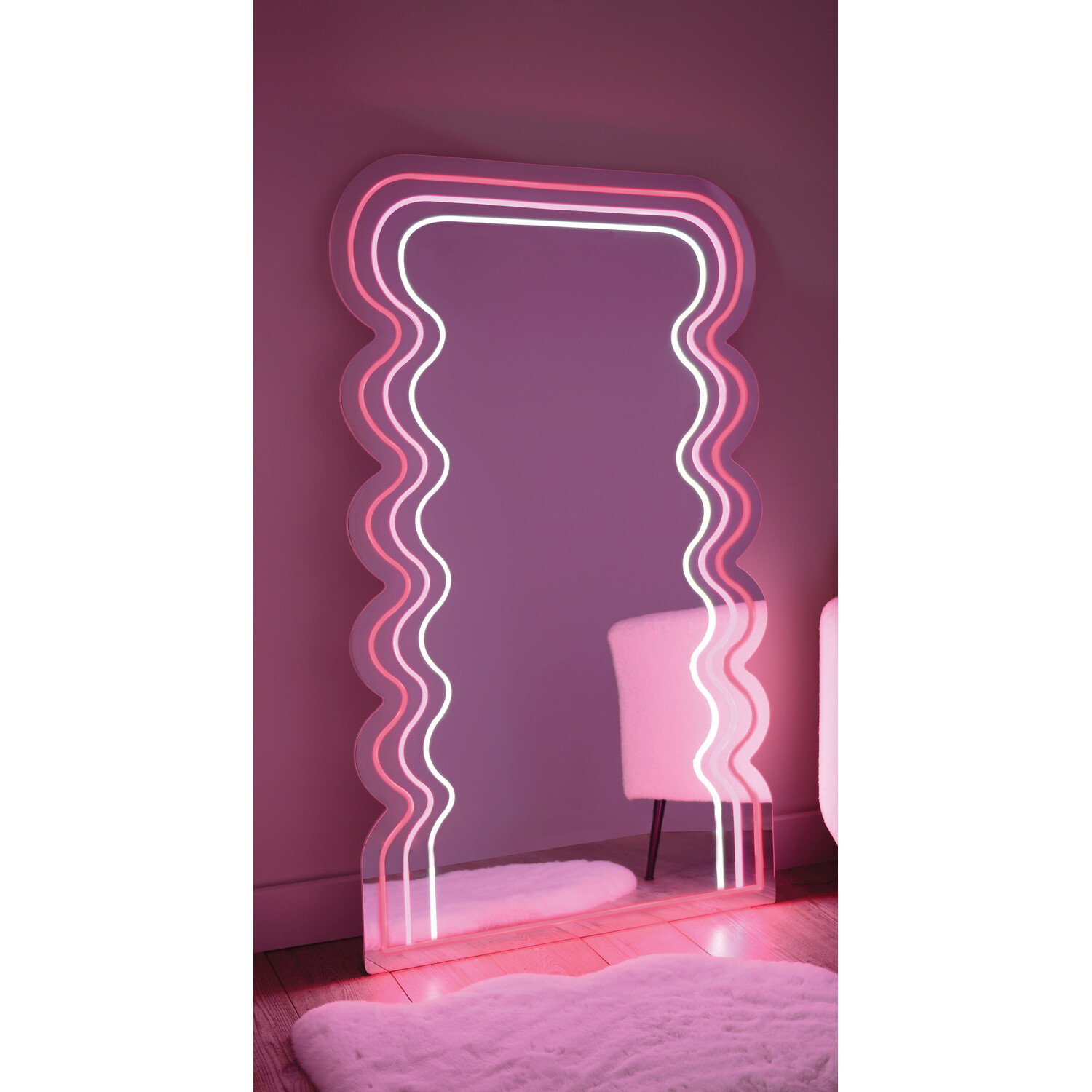 Pink and White Neon Wave LED Mirror Image 2
