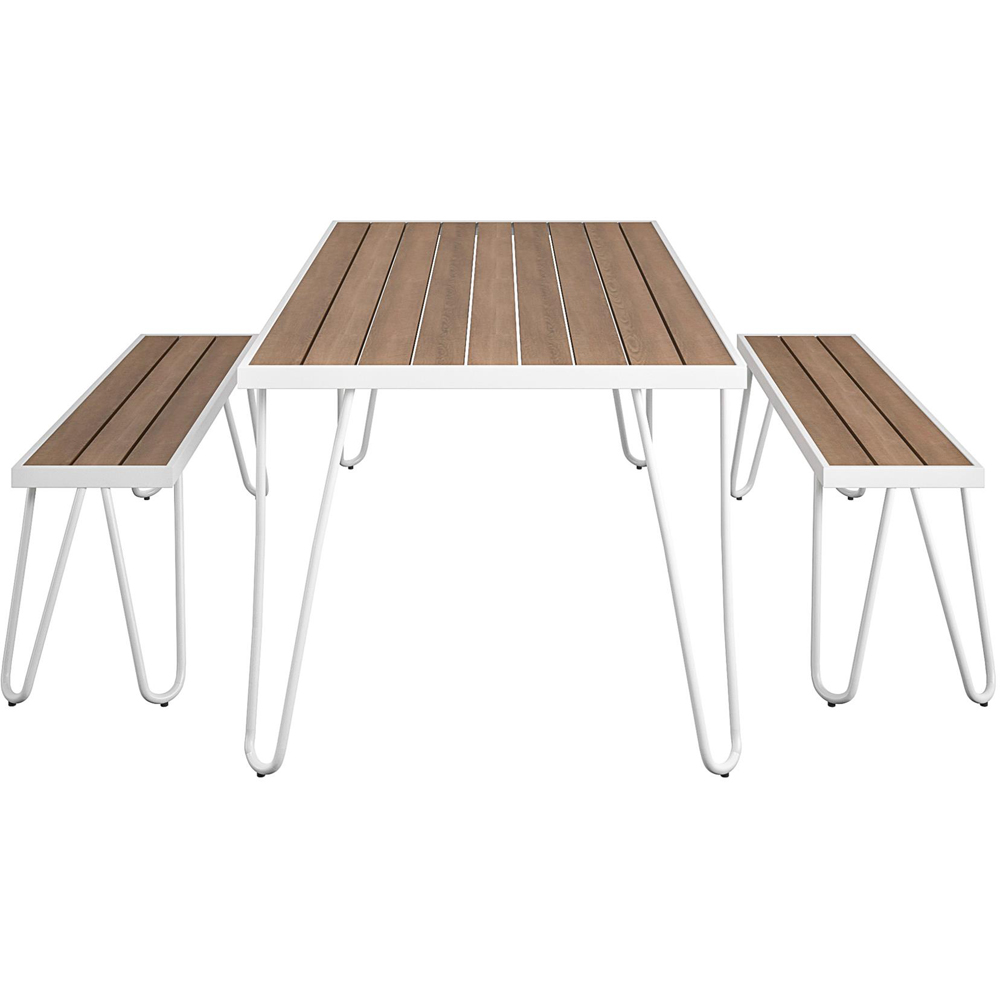 Paulette White Metal Frame Resin Wood Top Dining Table and Bench Set Image 4
